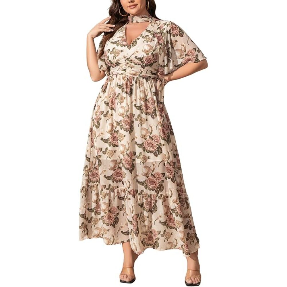 Women Floral Chiffon Flowy V-Neck Maxi Dress - XL